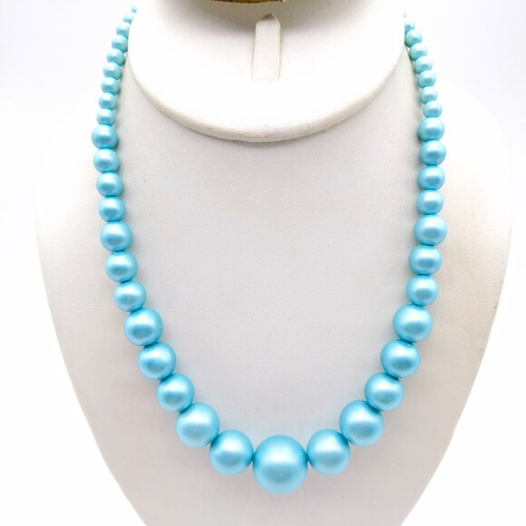 Satin Finish Blue Bead Choker, Vintage Stretch Graduated Strand Necklace - Picture 1 of 3